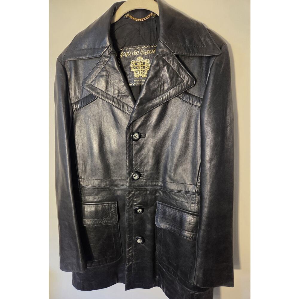 Goya De Espana Mens Black Leather Jacket Quilt Lined Mid Length Size 36 M Luxury